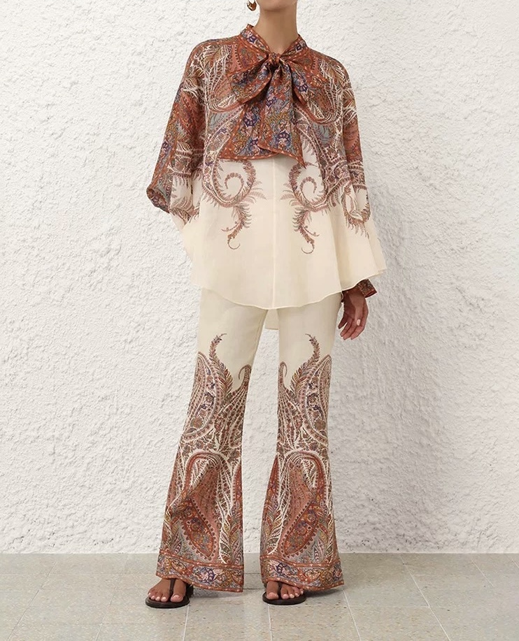 Paisley Print Linen Blend Top & Flared Pants Set - Creamy Bohemian Style 6 i1761967382862 2287 0 9