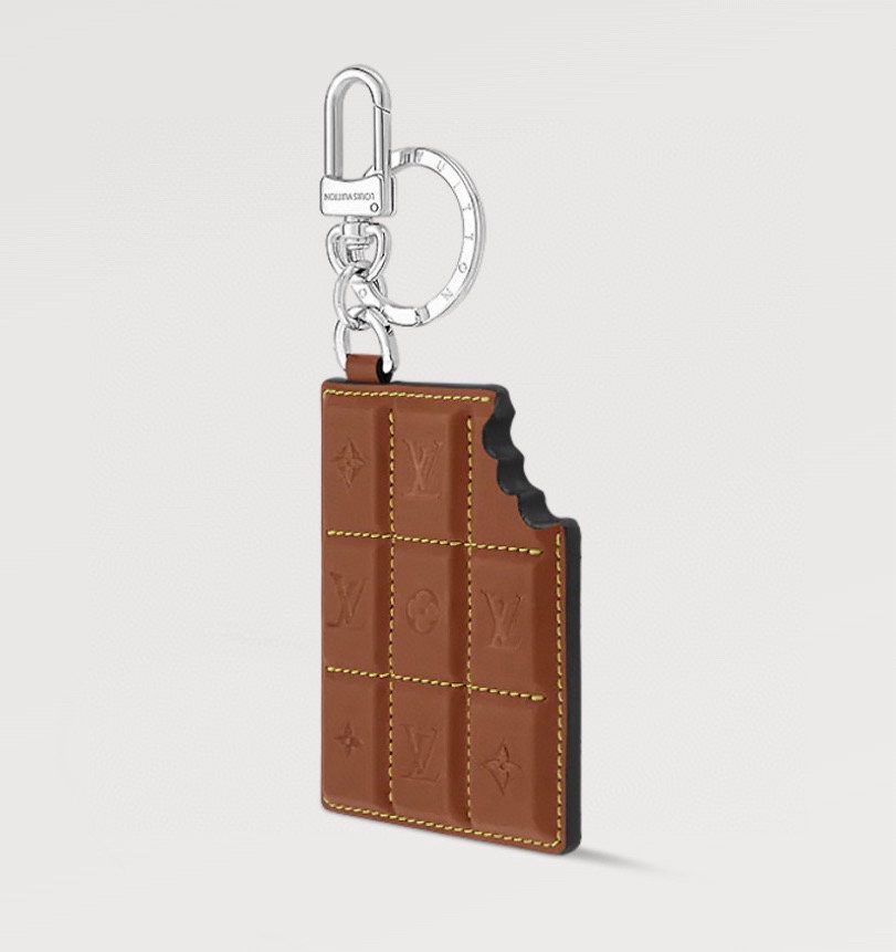 Close-up of the chocolate bar leather keychain
