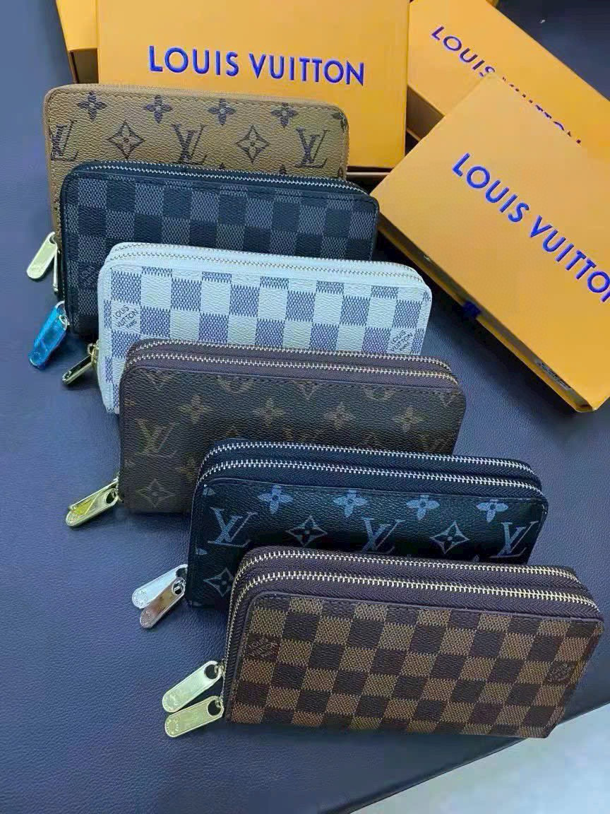 Double zipper leather long wallet front view