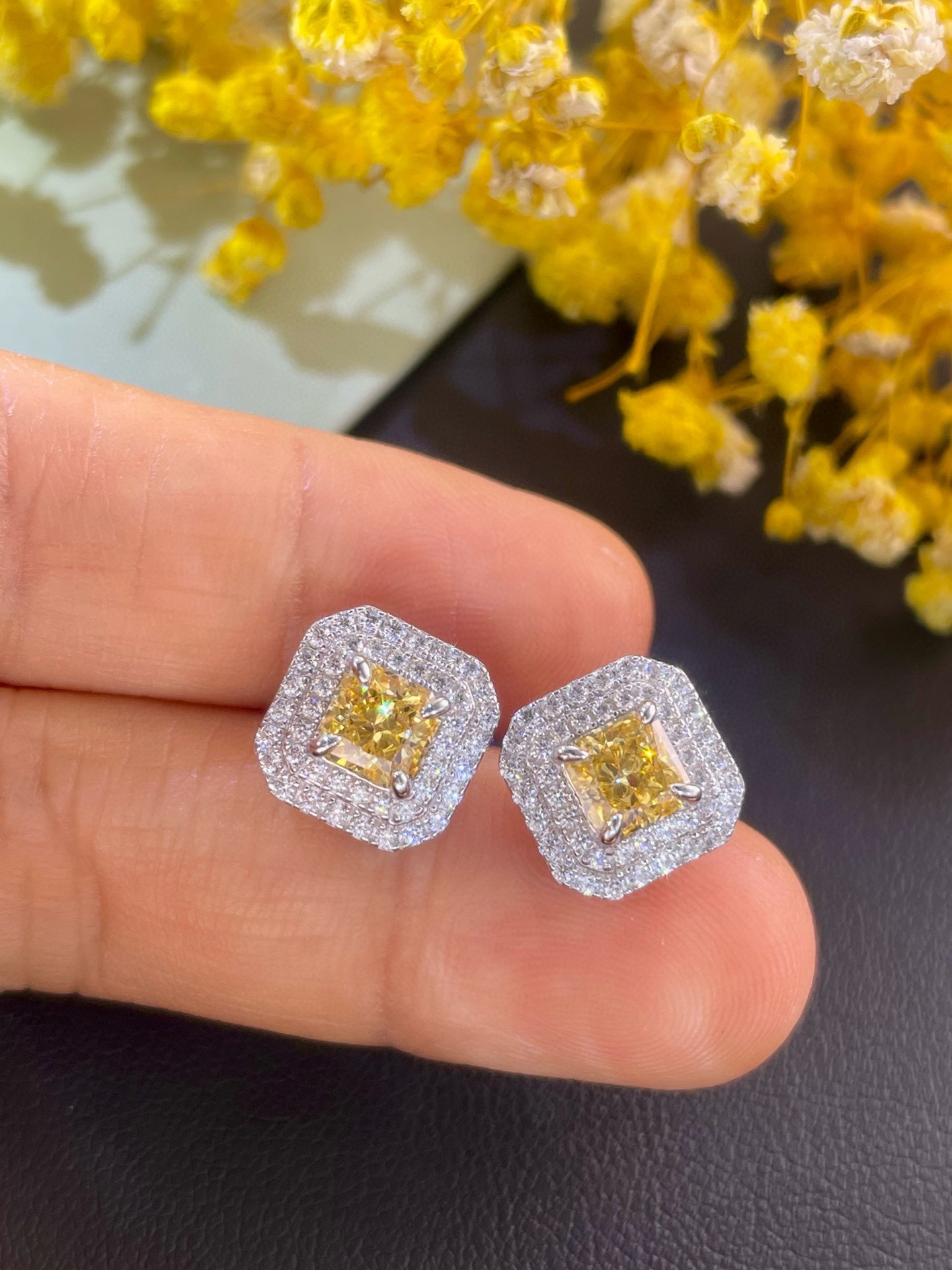 S925 Silver Yellow Diamond Stud Earrings - Radiant Cut, Sparkling Jewelry 3 i1737617568 5878 4