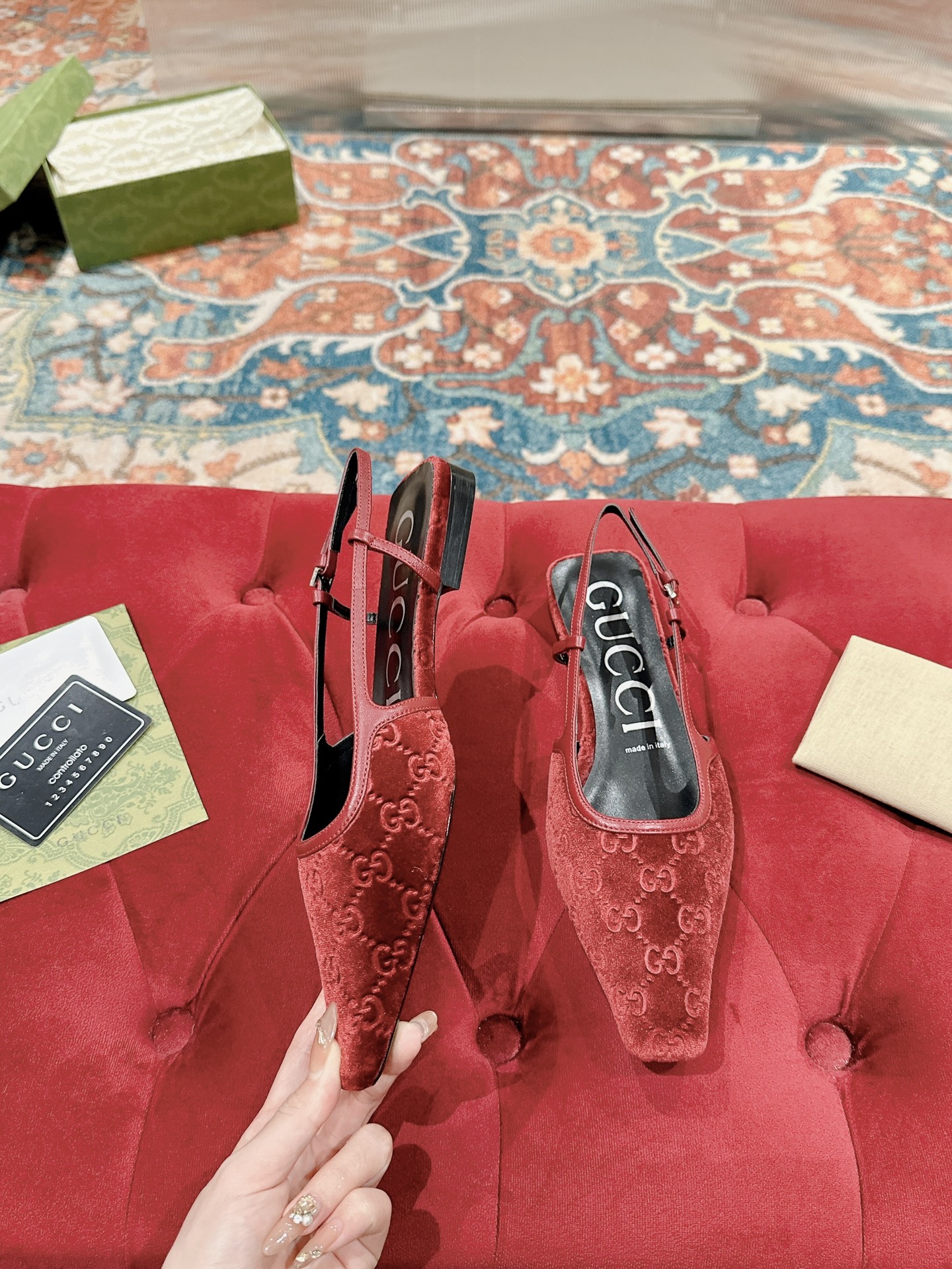 Gucci Women's Pointed-Toe Slingback with Double G Velvet, Red 5 i1719041669 9518 0