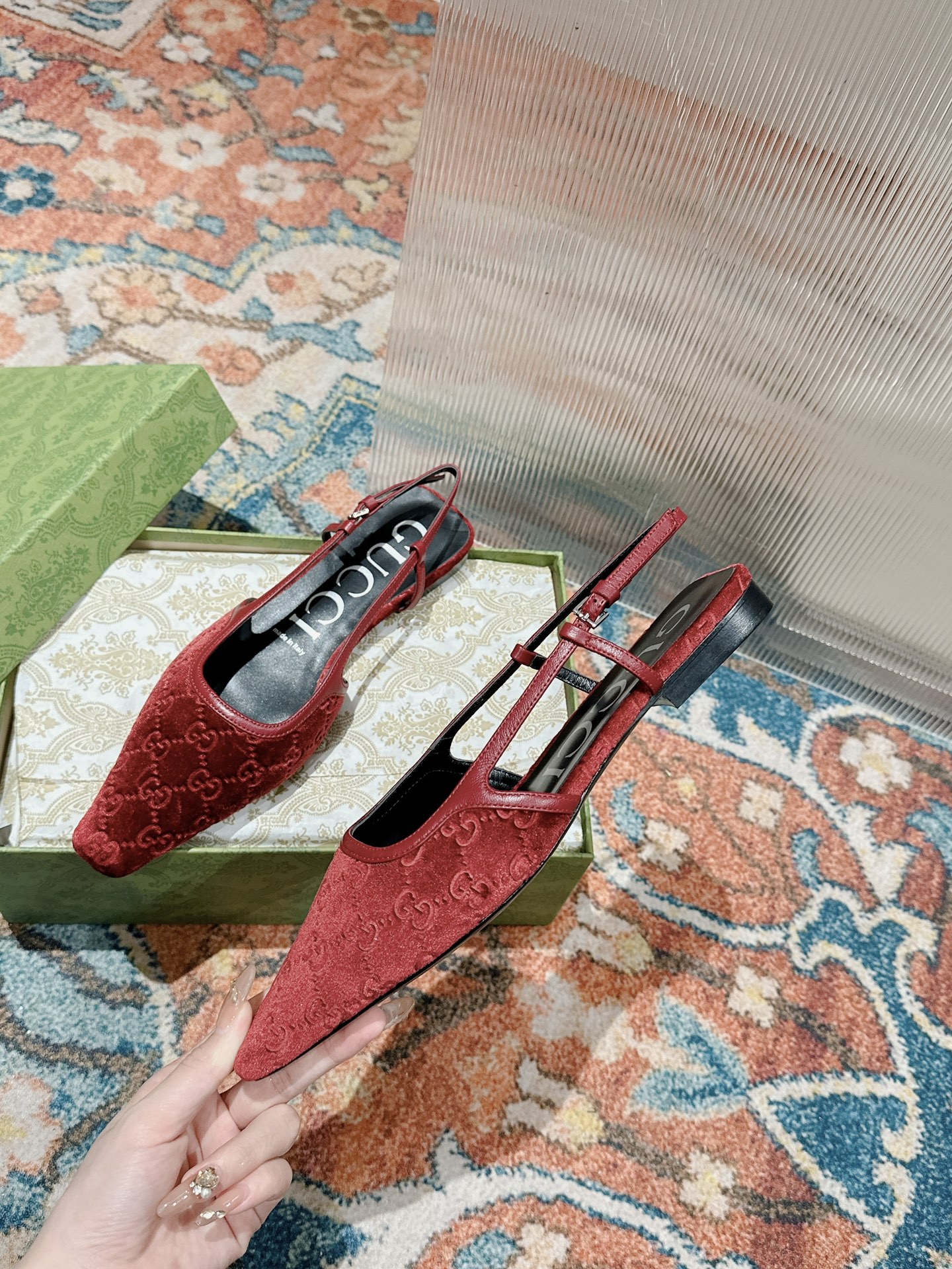 Gucci Women's Pointed-Toe Slingback with Double G Velvet, Red 3 i1719041670 2882 0