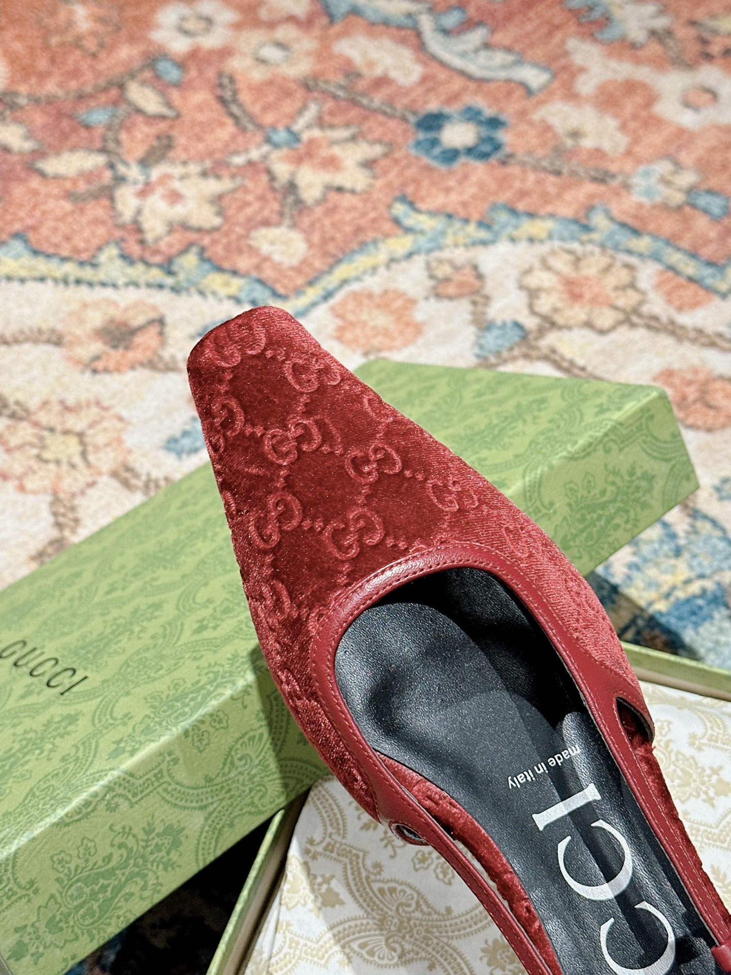 Gucci Women's Pointed-Toe Slingback with Double G Velvet, Red 6 i1719041670 3705 0