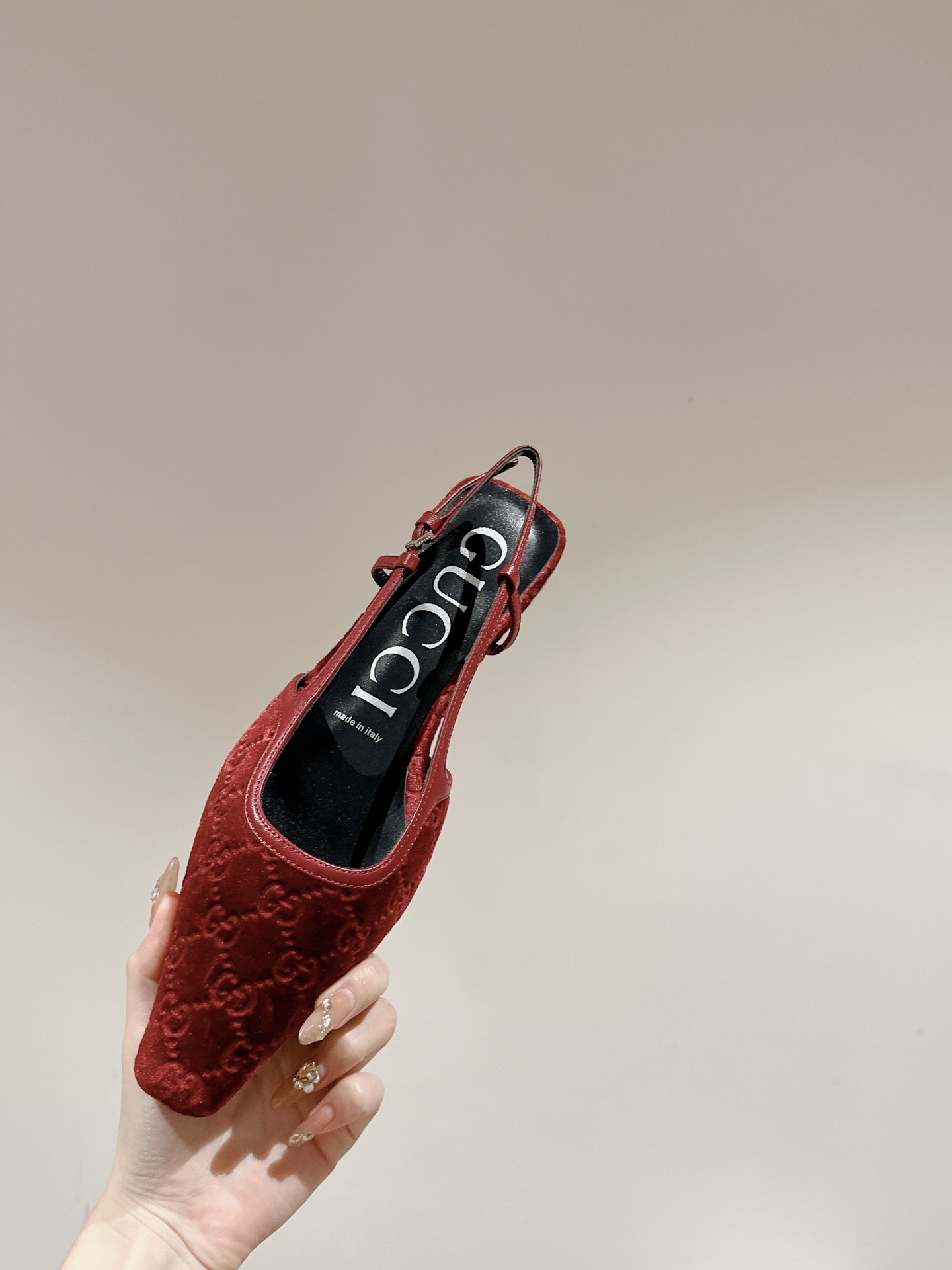 Gucci Women's Pointed-Toe Slingback with Double G Velvet, Red 7 i1719041670 3742 0