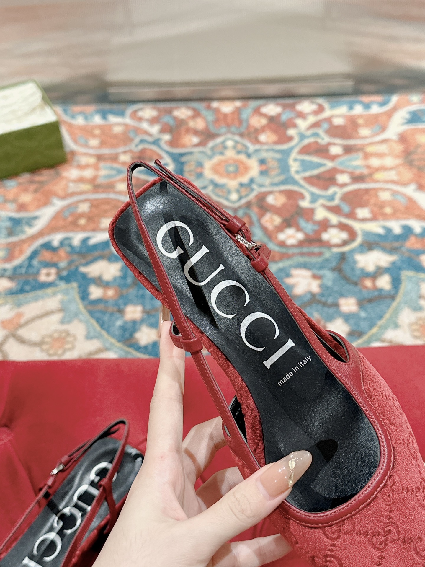 Gucci Women's Pointed-Toe Slingback with Double G Velvet, Red 9 i1719041670 8473 0