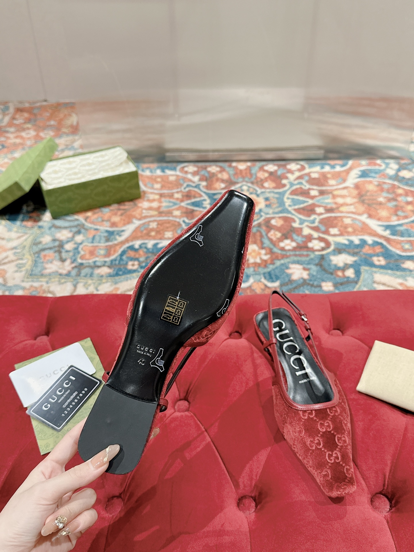 Gucci Women's Pointed-Toe Slingback with Double G Velvet, Red 10 i1719041670 8507 0