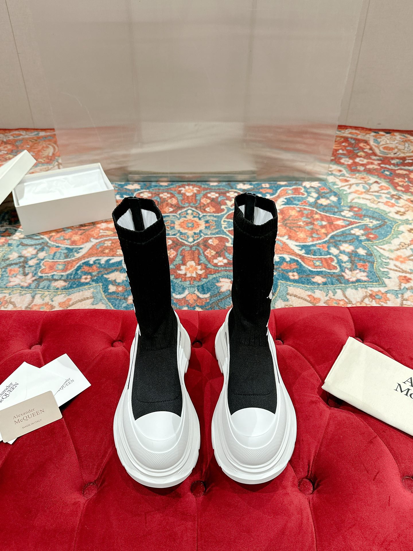 Alexander McQUEEN Queen 22s Graffiti Scrolling Sock Boots: New High-Top Design in Zirconium Fabric