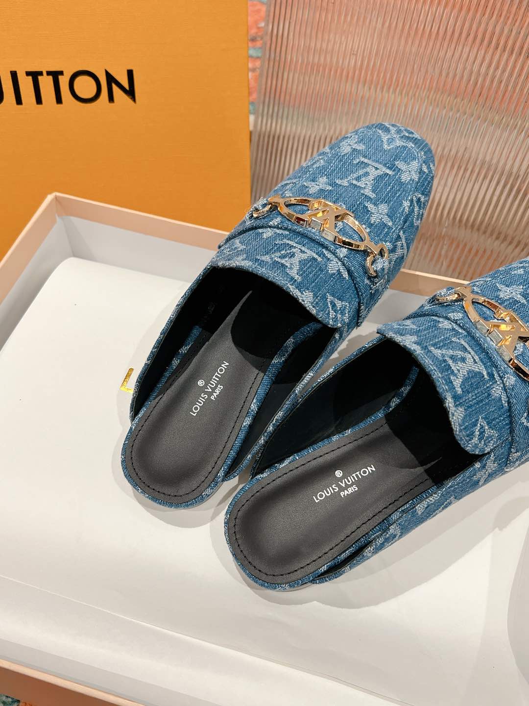 Louis Vuitton Denim Monogram Mules with Gold-Tone Hardware 7 i1735070930114 331 0 8
