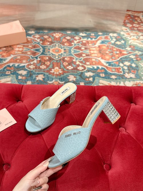 Miu Miu 2025SS Mules Leather Heeled Sandals for Women, Light Blue, Size 35-39 3 Miu Miu 2025SS Mules Leather Heeled Sandals for Women, Light Blue, Size 35-39