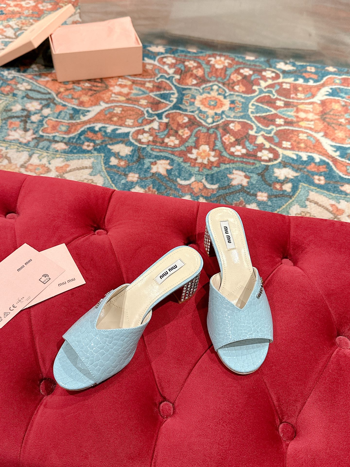 Miu Miu 2025SS Mules Leather Heeled Sandals for Women, Light Blue, Size 35-39 6 i1741416605315 5806 0 2