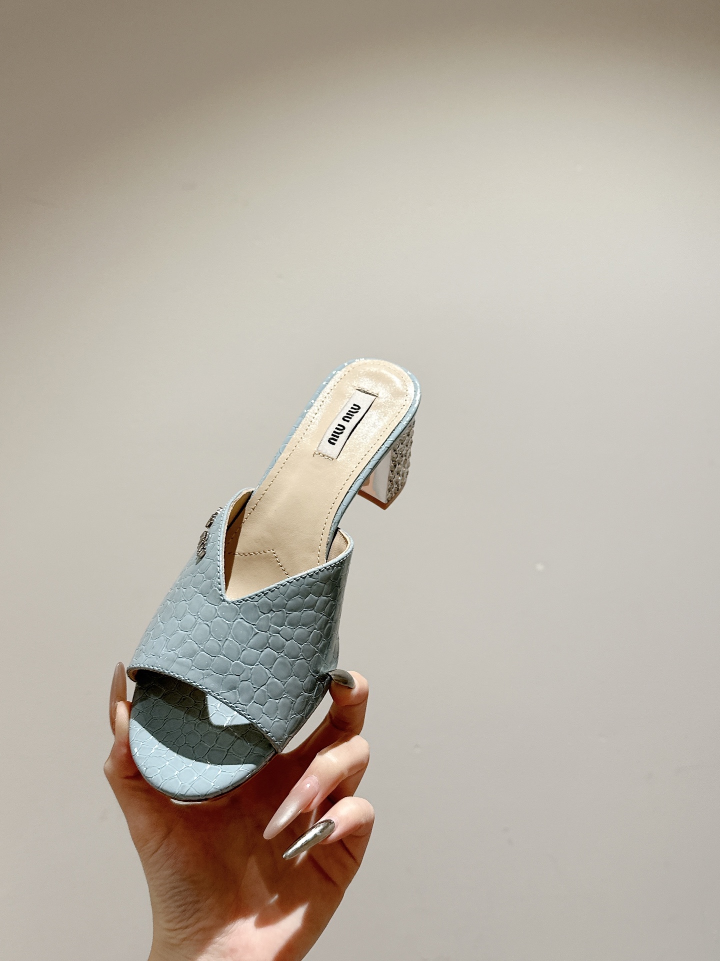 Miu Miu 2025SS Mules Leather Heeled Sandals for Women, Light Blue, Size 35-39 4 i1741416605382 5499 0 3