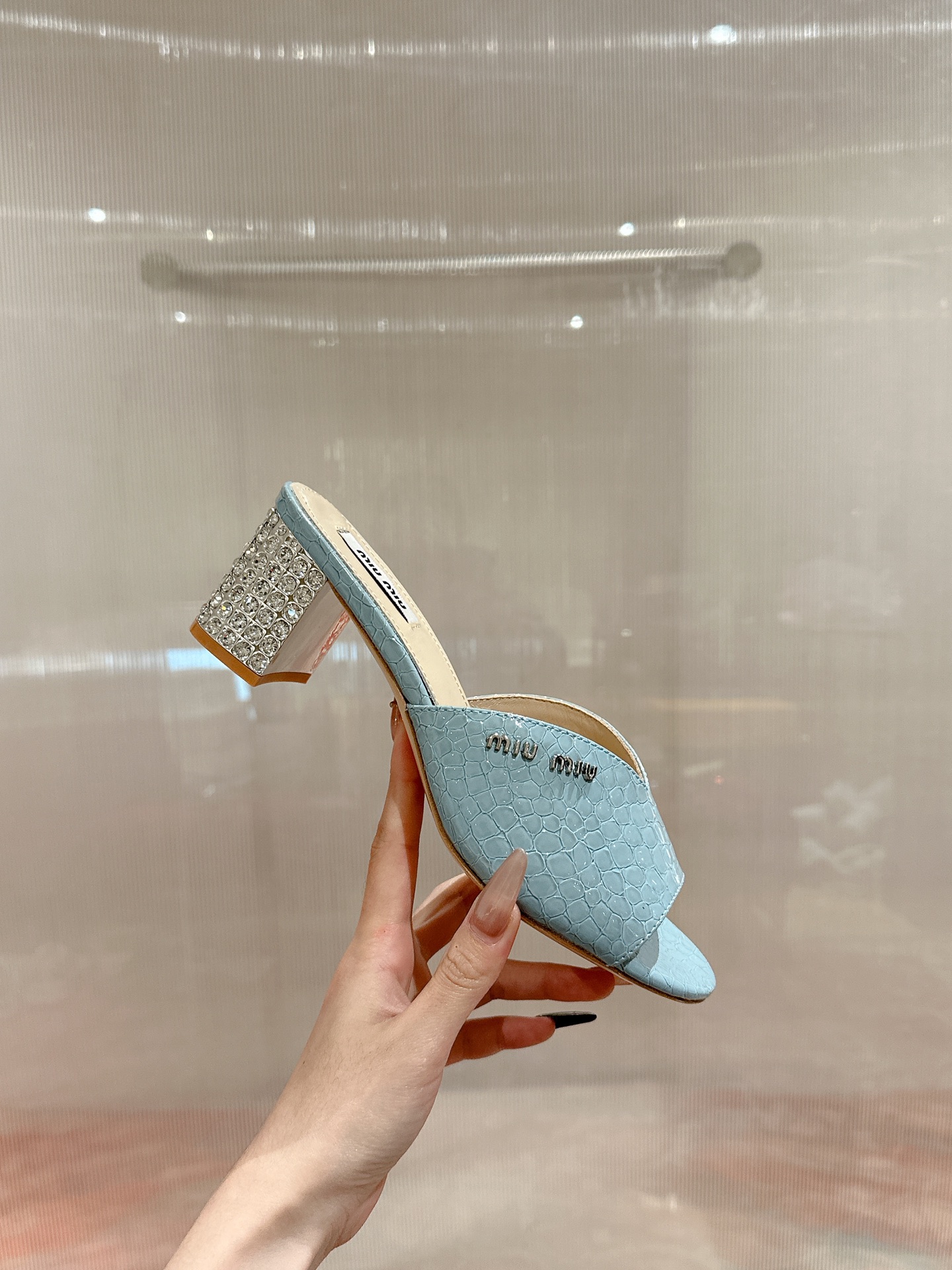 Miu Miu 2025SS Mules Leather Heeled Sandals for Women, Light Blue, Size 35-39 5 i1741416606383 1847 0 1