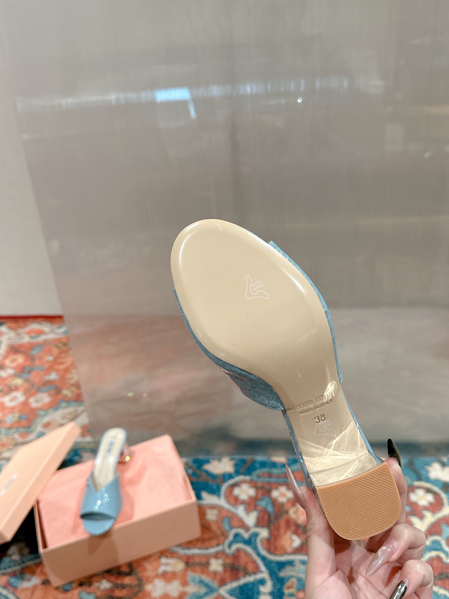 Miu Miu 2025SS Mules Leather Heeled Sandals for Women, Light Blue, Size 35-39 9 i1741416606417 788 0 8