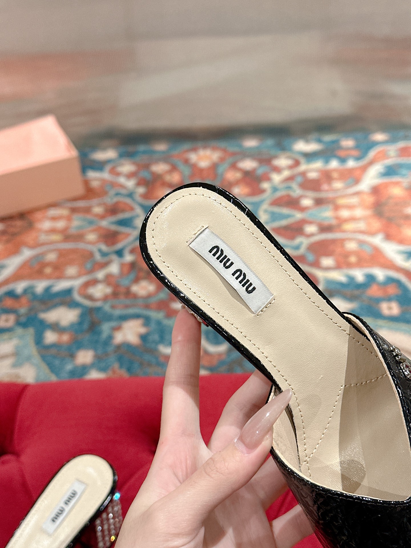 Miu Miu Black Patent Leather Heeled Mules with Crystal Embellishments 8 i1741416774811 7519 0 5