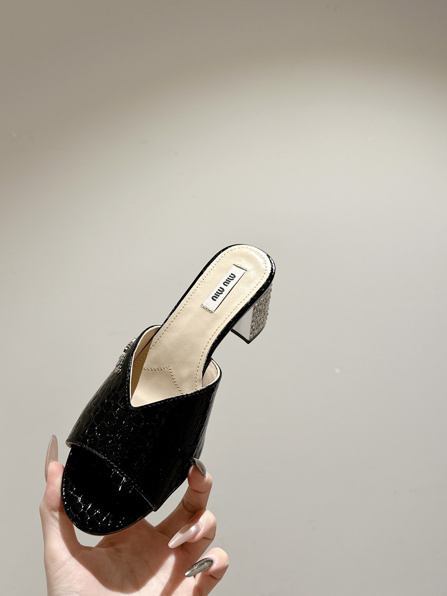 Miu Miu Black Patent Leather Heeled Mules with Crystal Embellishments 4 i1741416774998 8584 0 1