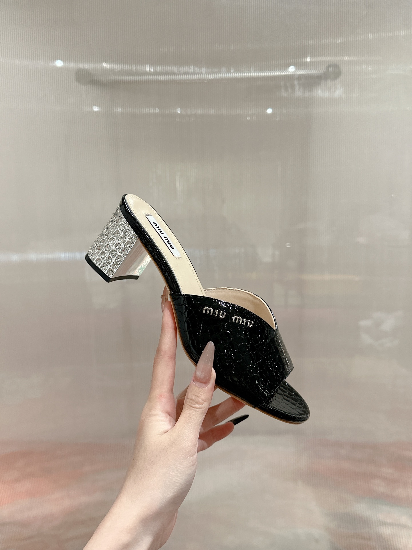 Miu Miu Black Patent Leather Heeled Mules with Crystal Embellishments 5 i1741416776644 3811 0 3
