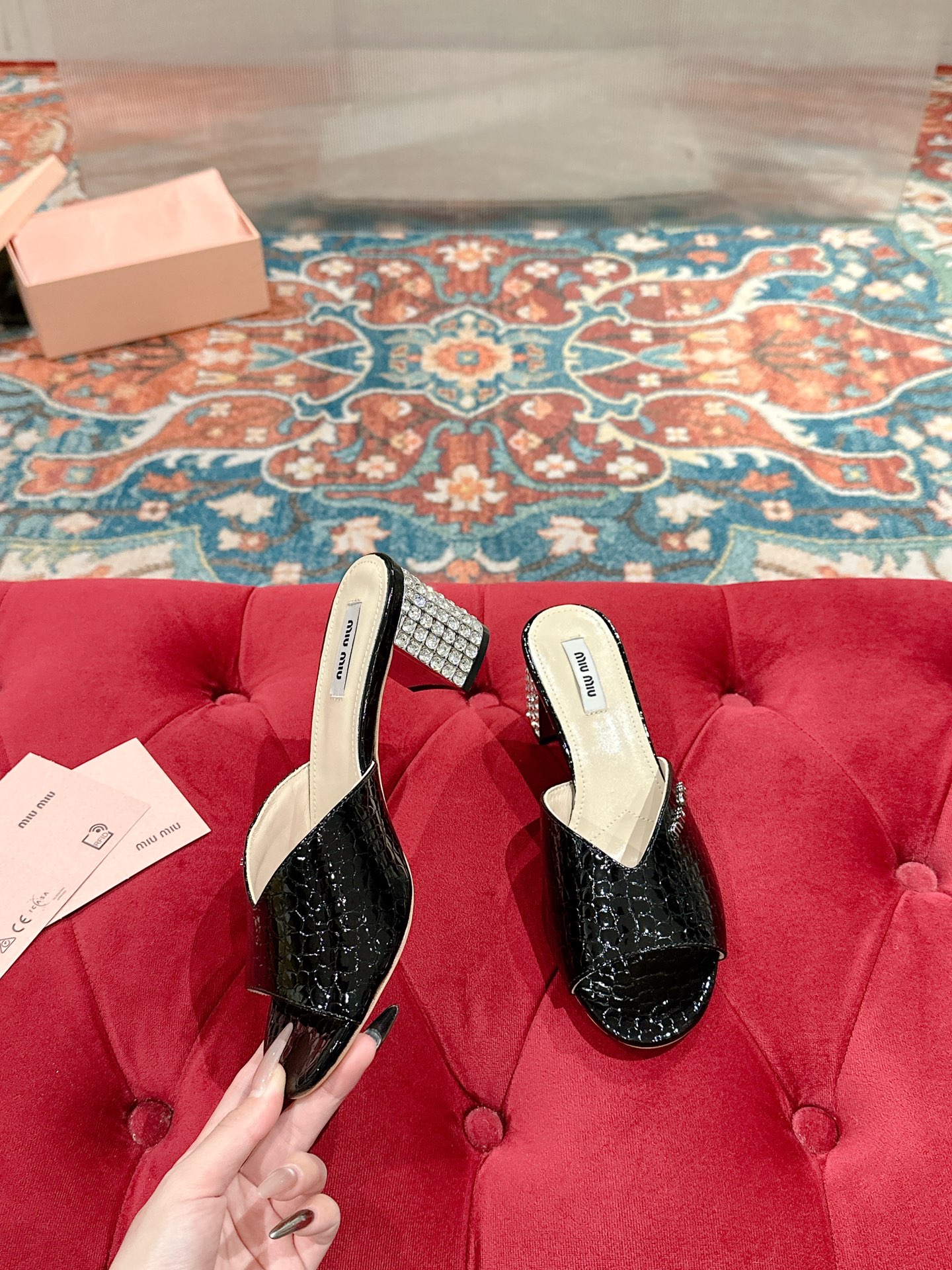 Miu Miu Black Patent Leather Heeled Mules with Crystal Embellishments 2 i1741416776663 3258 0 2