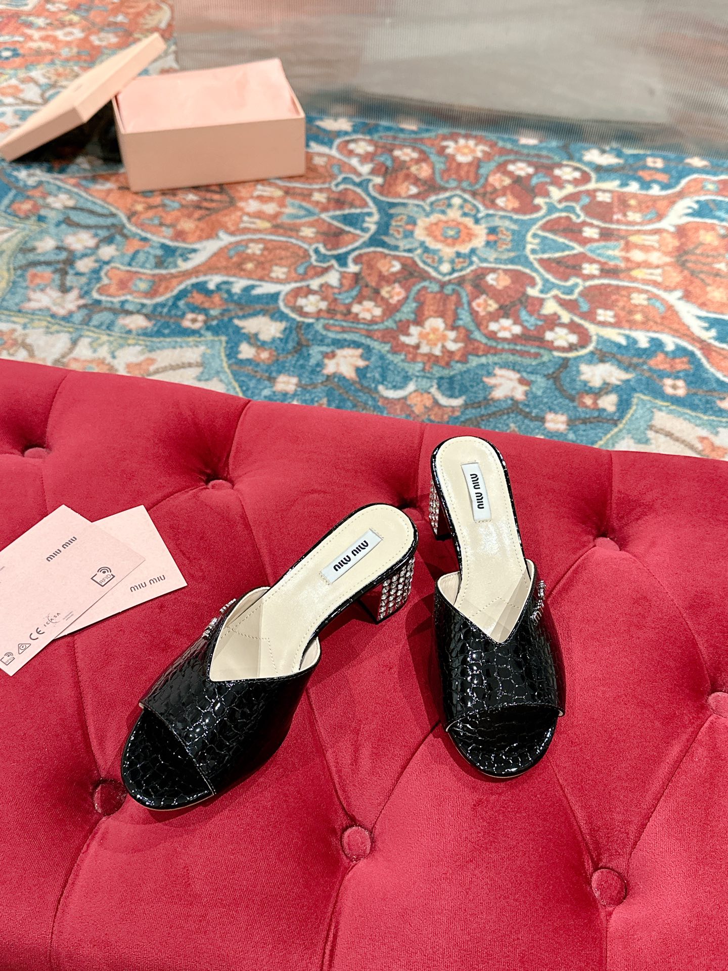 Miu Miu Black Patent Leather Heeled Mules with Crystal Embellishments 6 i1741416776679 7413 0 4