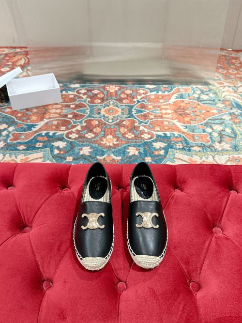 CELINE Women's Black Leather Espadrille Flats with Triomphe Logo, Size 35-39 1 CELINE Women's Black Leather Espadrille Flats with Triomphe Logo, Size 35-39