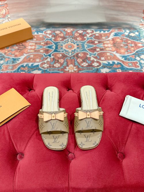 Louis Vuitton Monogram Canvas Kitten Heel Slides with Bow Accent 1 Louis Vuitton Monogram Canvas Kitten Heel Slides with Bow Accent