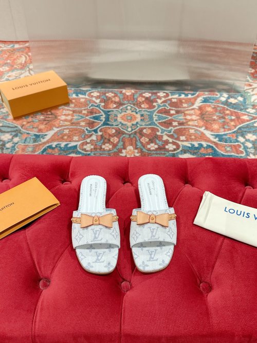 Louis Vuitton Monogram Denim Bow Flat Mule Sandal, Size 35-39, Blue/Brown 1 Louis Vuitton Monogram Denim Bow Flat Mule Sandal, Size 35-39, Blue/Brown