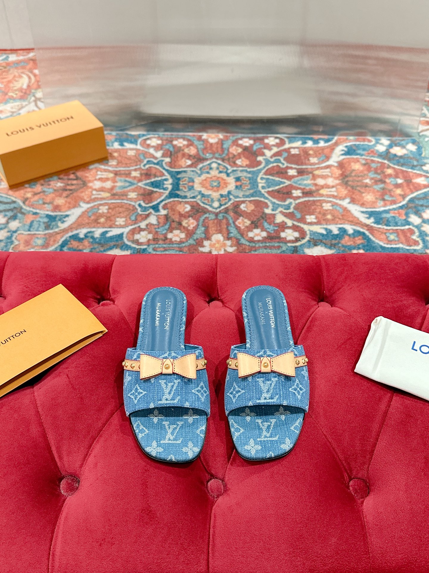 Louis Vuitton Denim Kitten Heel Mules LV Monogram Slides Women's Size 35-39