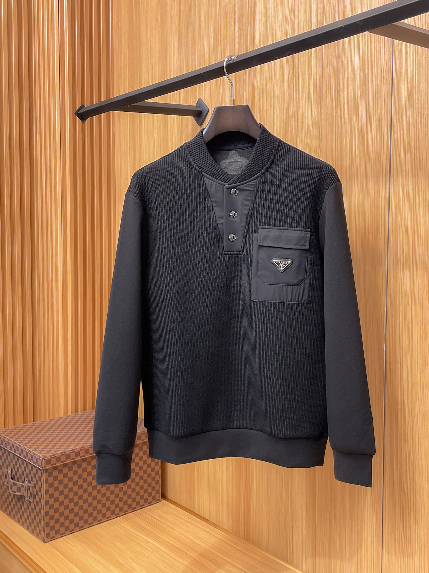 Prada Men's Wool Blend Pullover Knit Sweatshirt with Geometric Pocket