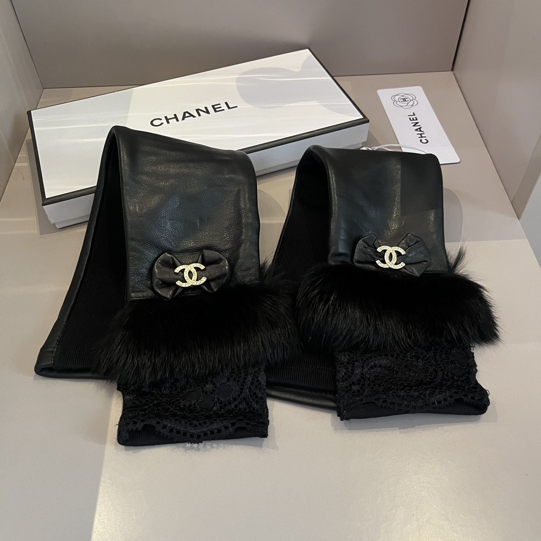 
香奈儿 CHANEL女款 爆款 露指连袖长手套 进口原版皮（一级羊皮）➕貉子毛🐰🐰 丝光内里+弹力布 