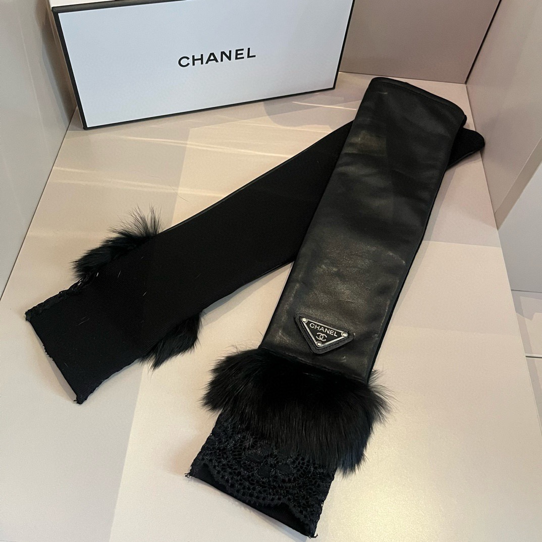 
香奈儿 CHANEL女款 爆款 露指连袖长手套 进口原版皮（一级羊皮）➕貉子毛🐰🐰 丝光内里+弹力布 