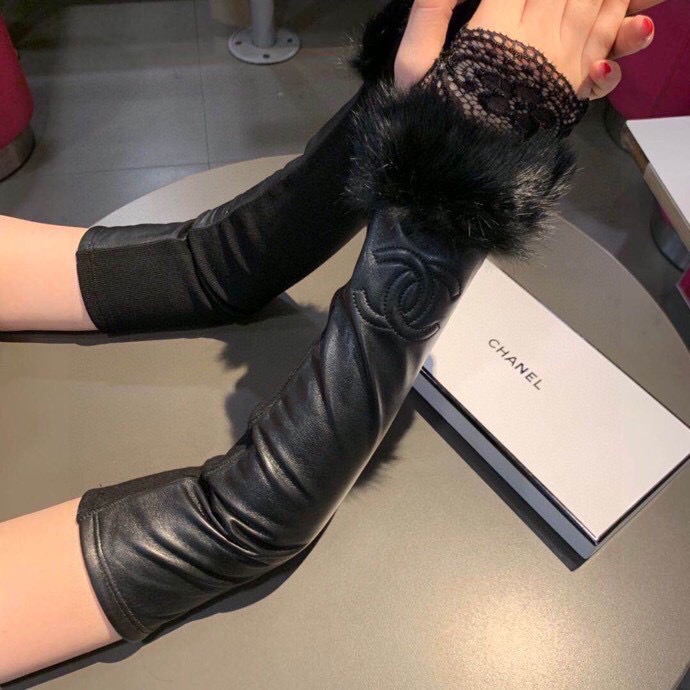 香奈儿 CHANEL女款 爆款 露指连袖长手套 进口原版皮（一级羊皮）➕貉子毛🐰🐰 丝光内里+弹力布 实