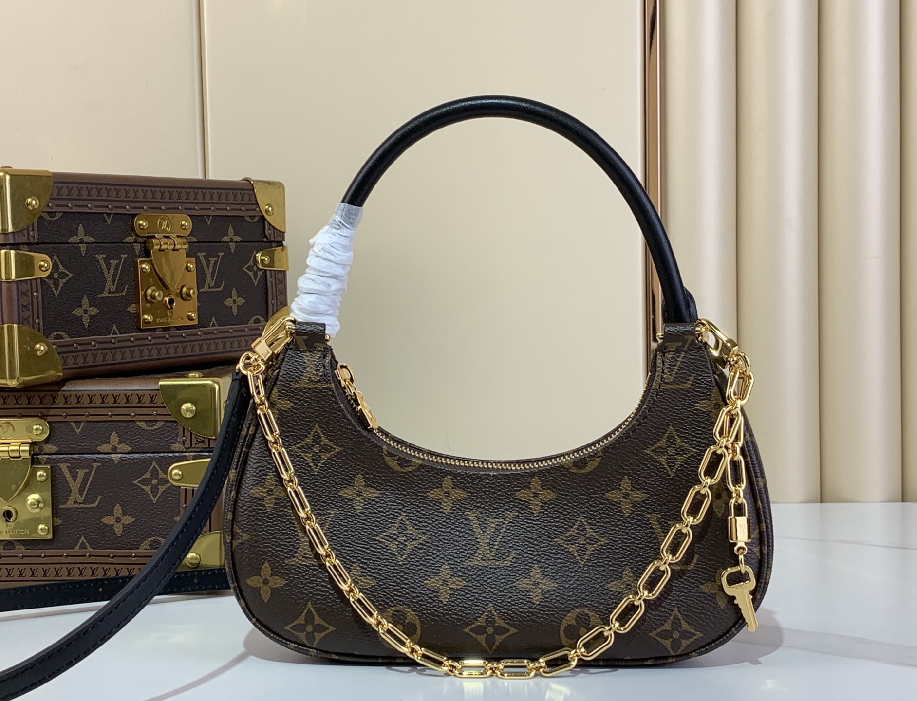 Louis Vuitton Catchy Small Hobo Bag Monogram Canvas with Gold-Tone Chain