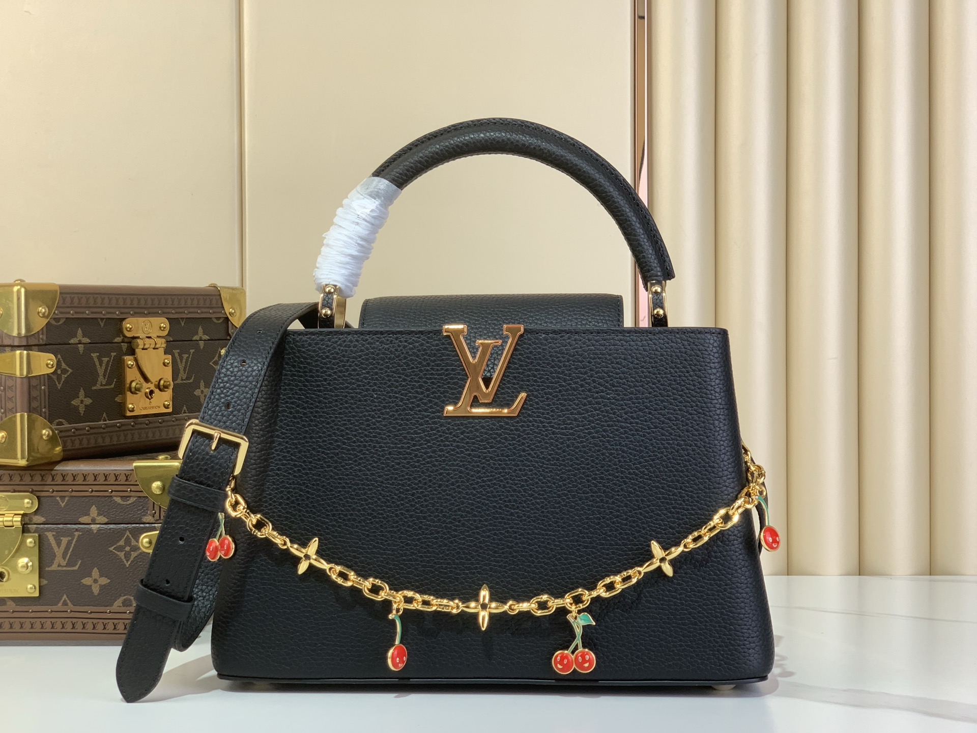 Louis Vuitton Capucines Medium Black Taurillon Leather Handbag with Cherry Chain
