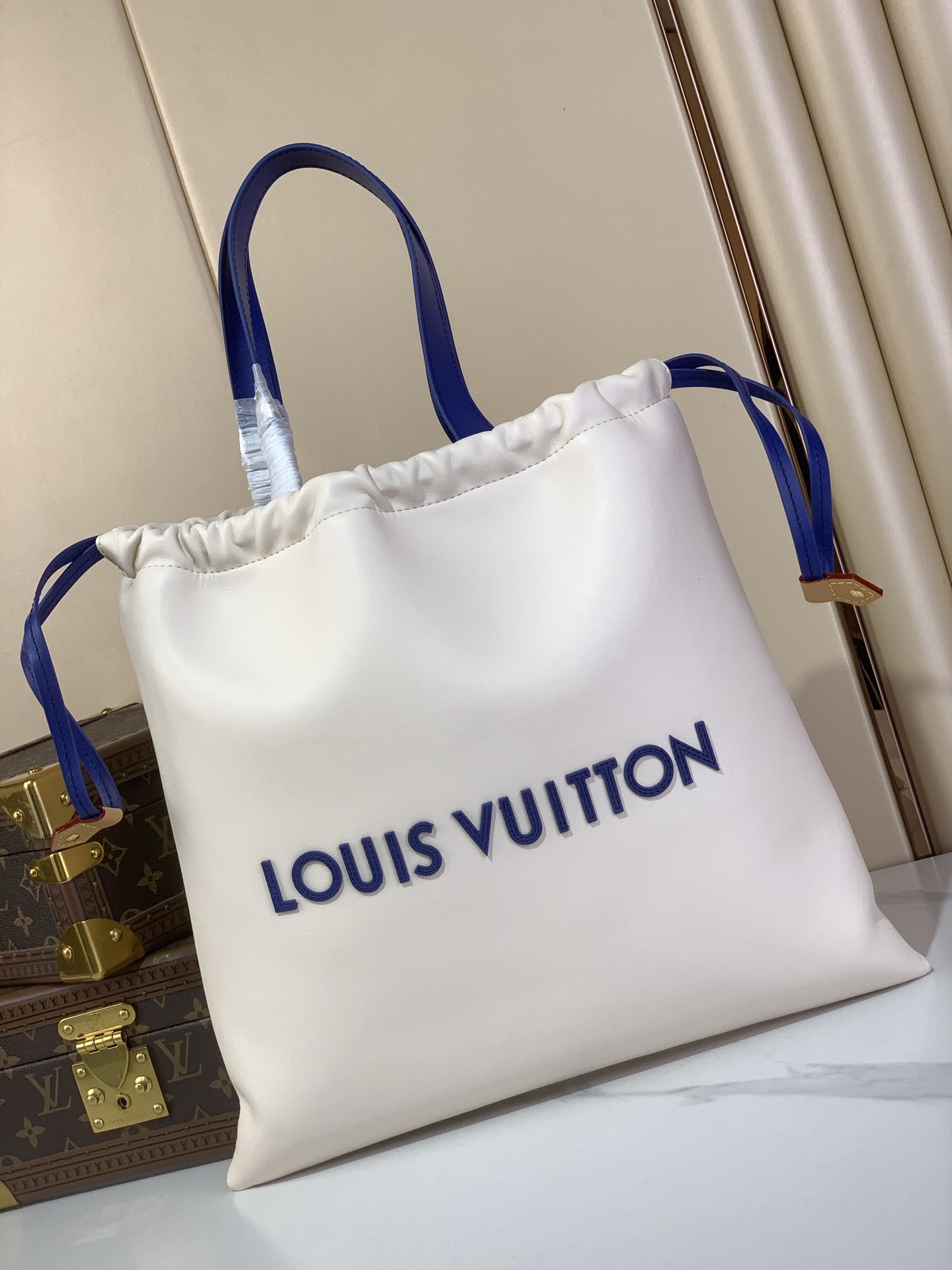Louis Vuitton Dust Bag Tote, White Leather, Blue Trim, Drawstring Closure