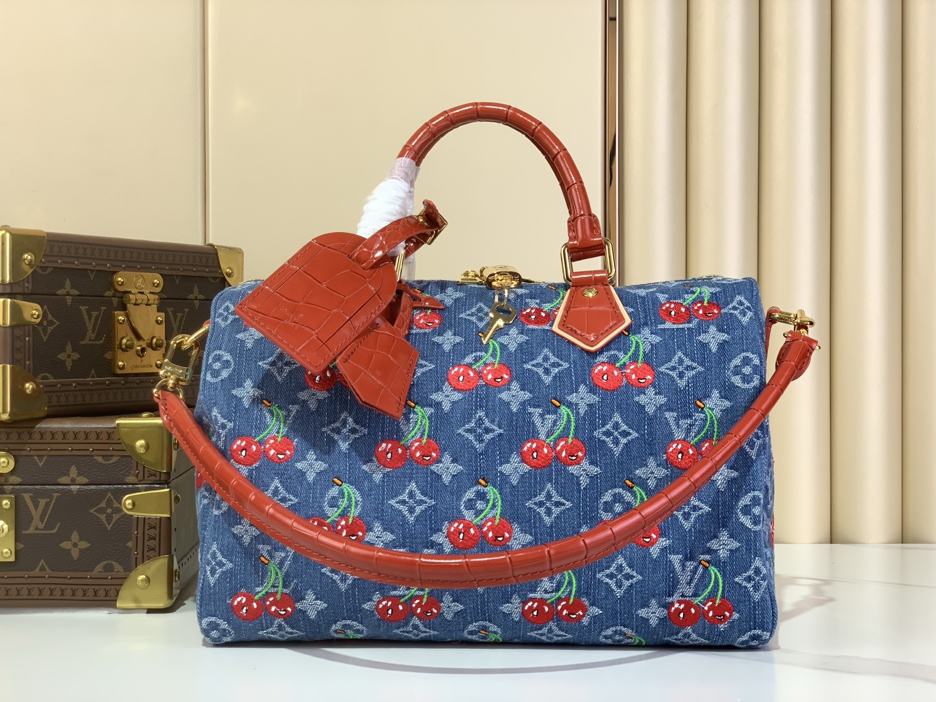 Louis Vuitton Speedy Soft 30 Denim Cherry Handbag, 30 x 21 x 17 cm