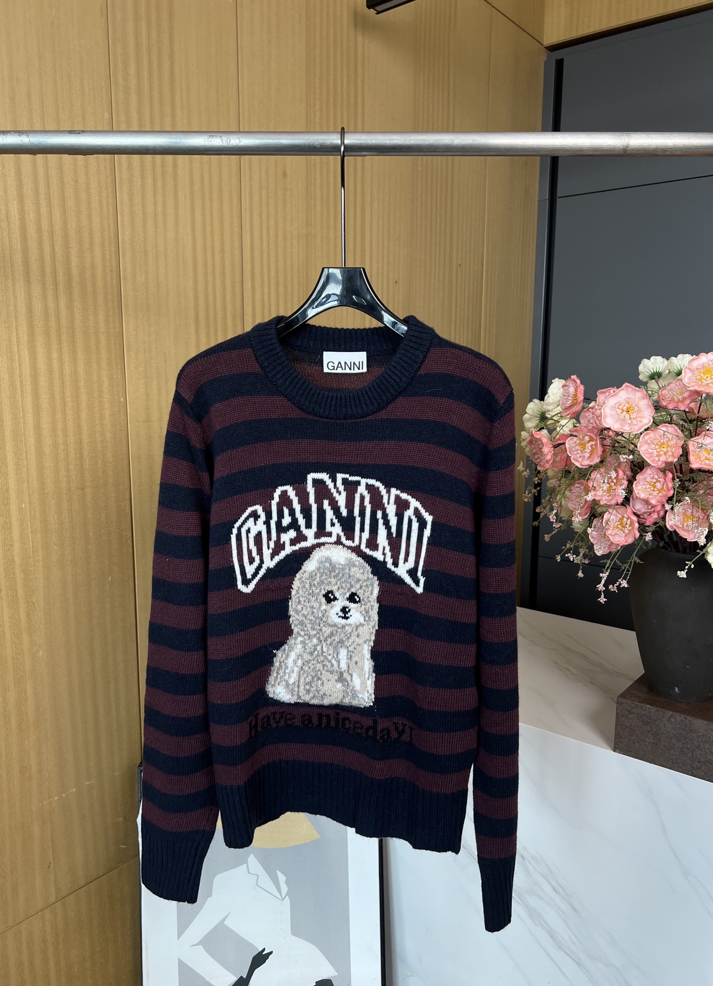 NO:462476,GANNI new autumn and winter style Poodle pattern pullover knit sweater, animal print pattern, ribbed details on the neckline cuffs and hem, casual style S M L, alexander wang19860909GANNI 秋冬新款 贵宾犬图案套头针织衫、采用动物印花图案、领口袖口和下摆均饰有罗纹细节、休闲版型 码数S M L,,alexander wang,Women's clothing