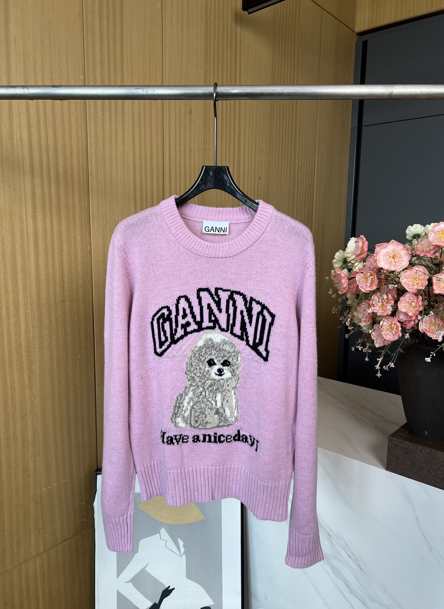NO:462482,GANNI new autumn and winter style Poodle pattern pullover knit sweater, animal print pattern, ribbed details on the neckline cuffs and hem, casual style S M L, alexander wang19860909GANNI 秋冬新款 贵宾犬图案套头针织衫、采用动物印花图案、领口袖口和下摆均饰有罗纹细节、休闲版型 码数S M L,,alexander wang,Women's clothing