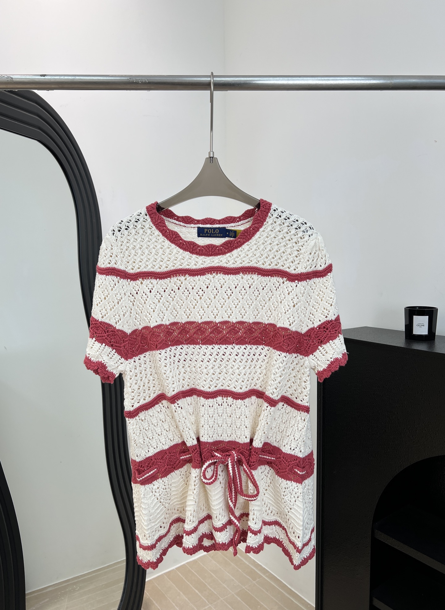NO:748939,Ralph Lauren Spring and Summer New Style Striped knitted short-sleeved T, cotton crochet, hollow + lace design, waist drawstring to modify the body shape and comfort, loose fit, size S M L,, loro piana, T-shirt,19860909Ralph Lauren 拉夫劳伦 春夏新款 条纹针织短袖T、棉线钩织、镂空+花边设计、腰部抽绳修饰身形又舒适、宽松版型 码数S M L,,loro piana,T-shirt,,Women's clothing