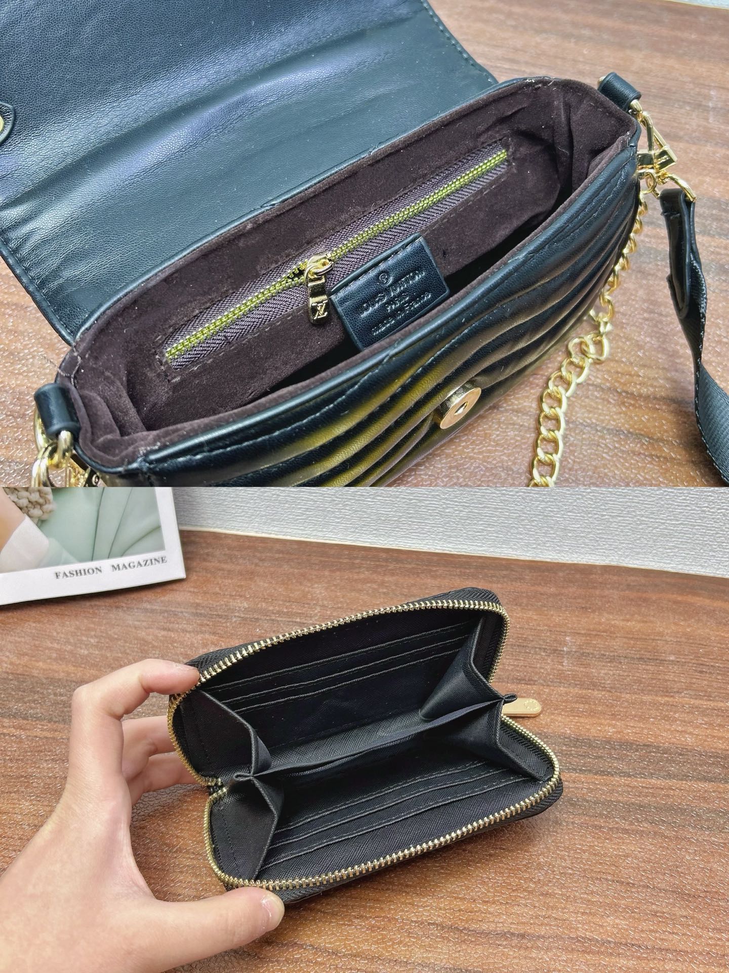 P200
三件套 lv
购物袋+铆钉链条包+钱包 3件套组合

尺寸：大42x30cm，中19x12cm，小15x9cm.