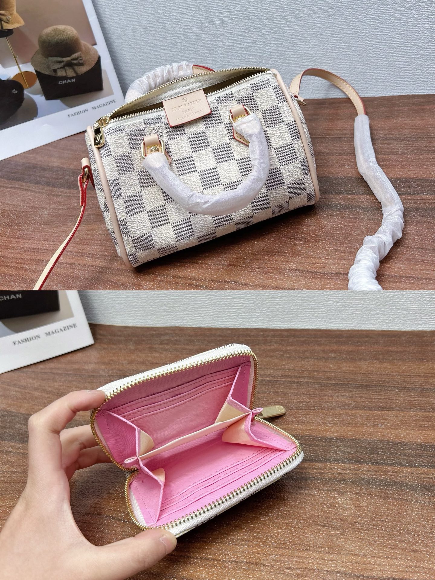 P200
三件套 LV
白格抱抱包+枕头包+钱包3件套组合

尺寸：大26x20cm，中16x13cm，小11x10cm.
