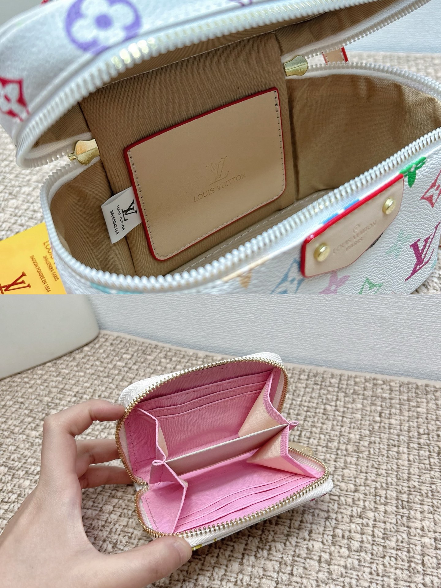 P160
三件套 lv
白彩菜篮子+化妆包+钱包 3件套组合
 
尺寸：大21x14cm，中18x13cm，小11x10cm.