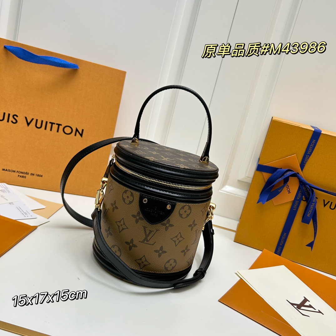 NO:181215,Extra-grade original leather #M43986# YY# Size 15*17*15cm Drawing on the historical makeup box shape, a versatile single-item cylinder bag, named 