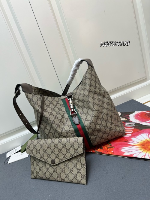 Gucci Jackie 1961 Supreme Canvas Hobo Bag with Web Stripe, Beige/Ebony 1 Gucci Jackie 1961 Supreme Canvas Hobo Bag with Web Stripe, Beige/Ebony