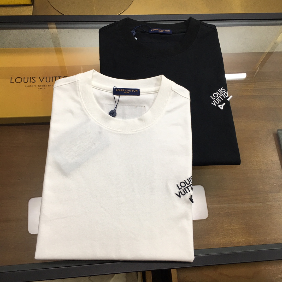 Louis Vuitton Kleding T-Shirt Zwart Wit Unisex Katoen Lente/Zomercollectie Fashion Korte mouw