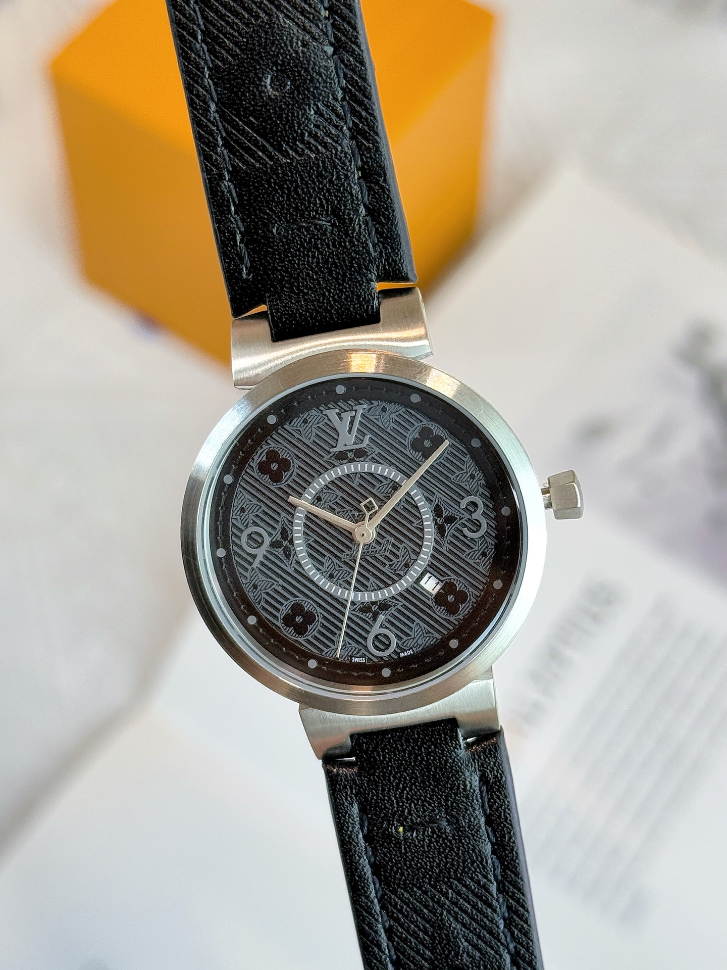 Louis Vuitton Tambour Slim Watch, 34mm Stainless Steel Case & Black Leather Strap