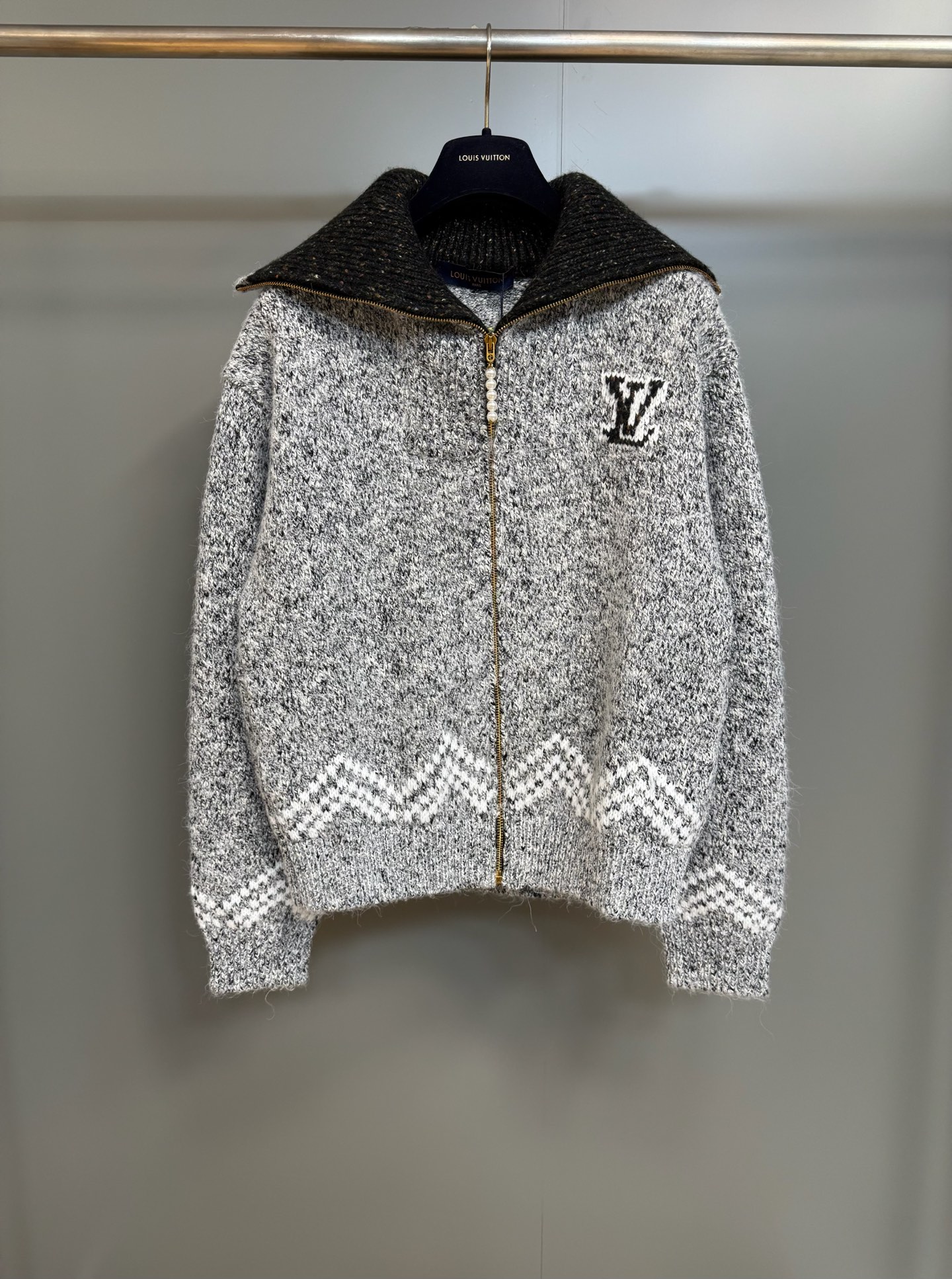 Louis Vuitton Wool Knit Jacket - Grey with Front Zip and Embellished Detail