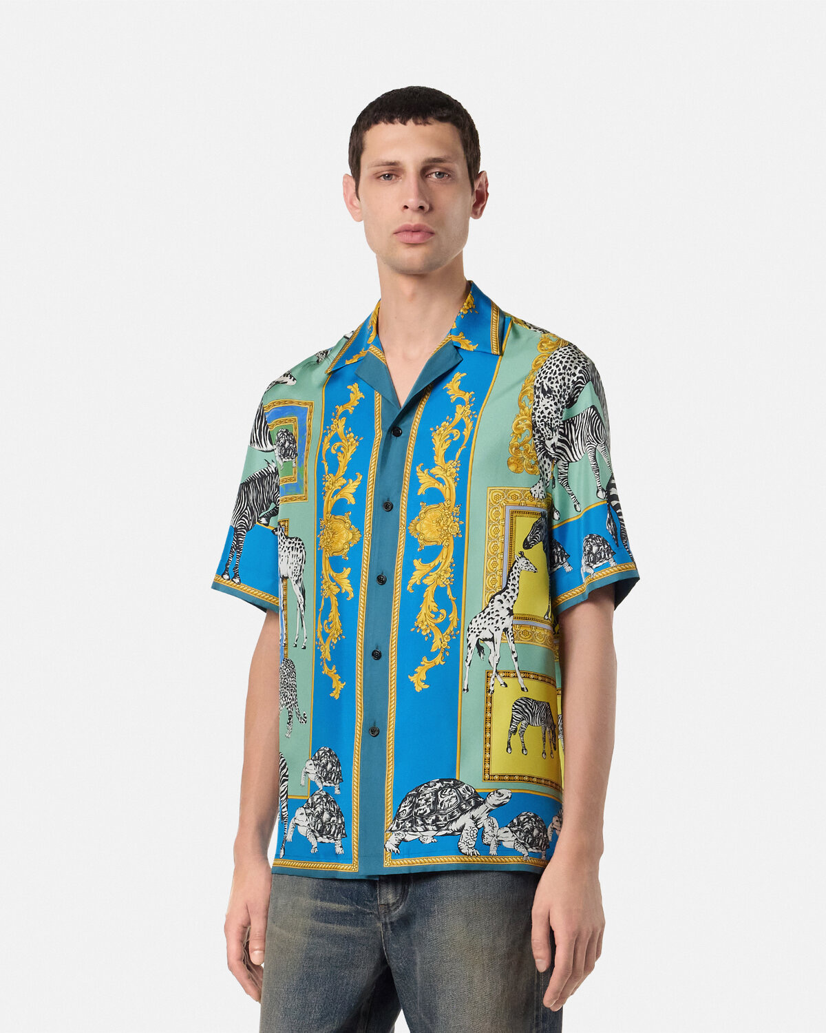 Versace Men's Printed Silk Short Sleeve Button Down Shirt - Blue/Multi 2 i1757489463568 2341 0 0