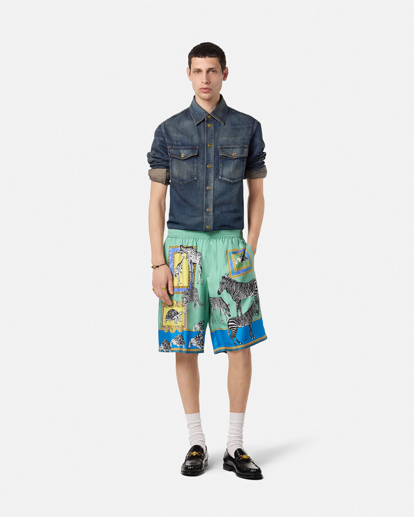 Versace Men's Printed Tech Silk Shorts - Drawstring Waist, Light Blue 6 i1758372707484 9188 0 4