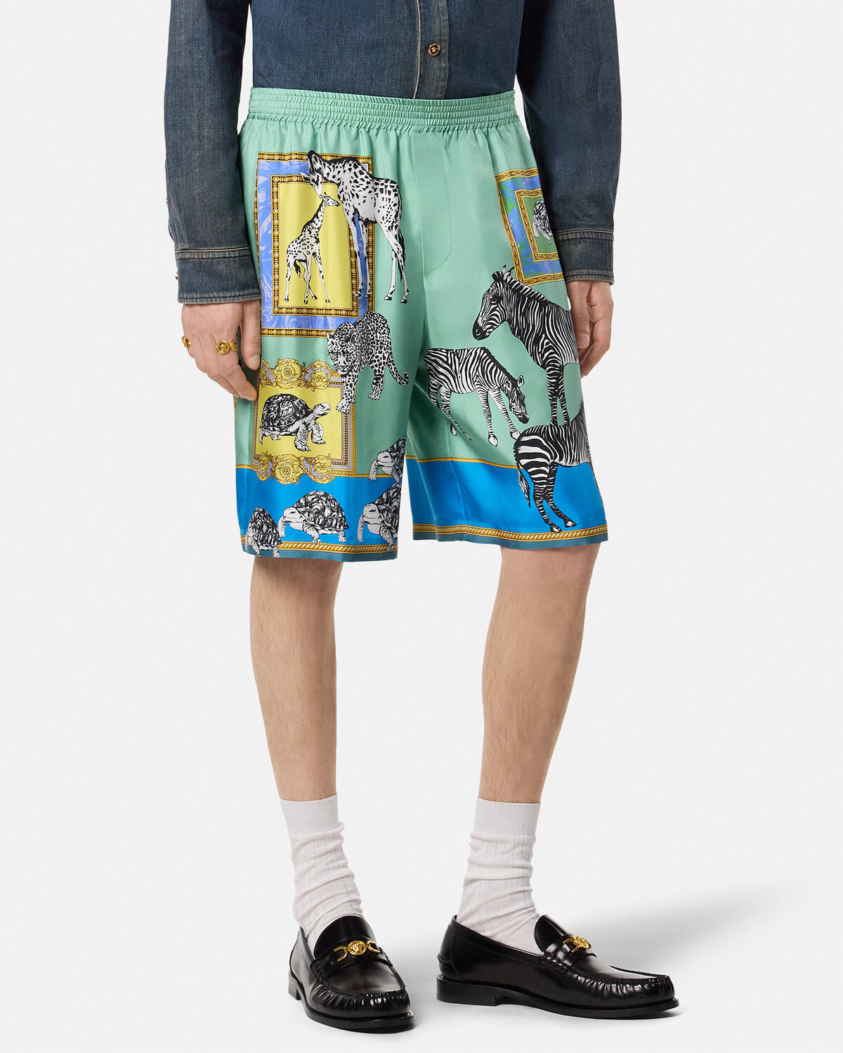 Versace Men's Printed Tech Silk Shorts - Drawstring Waist, Light Blue 4 i1758372707485 782 0 1