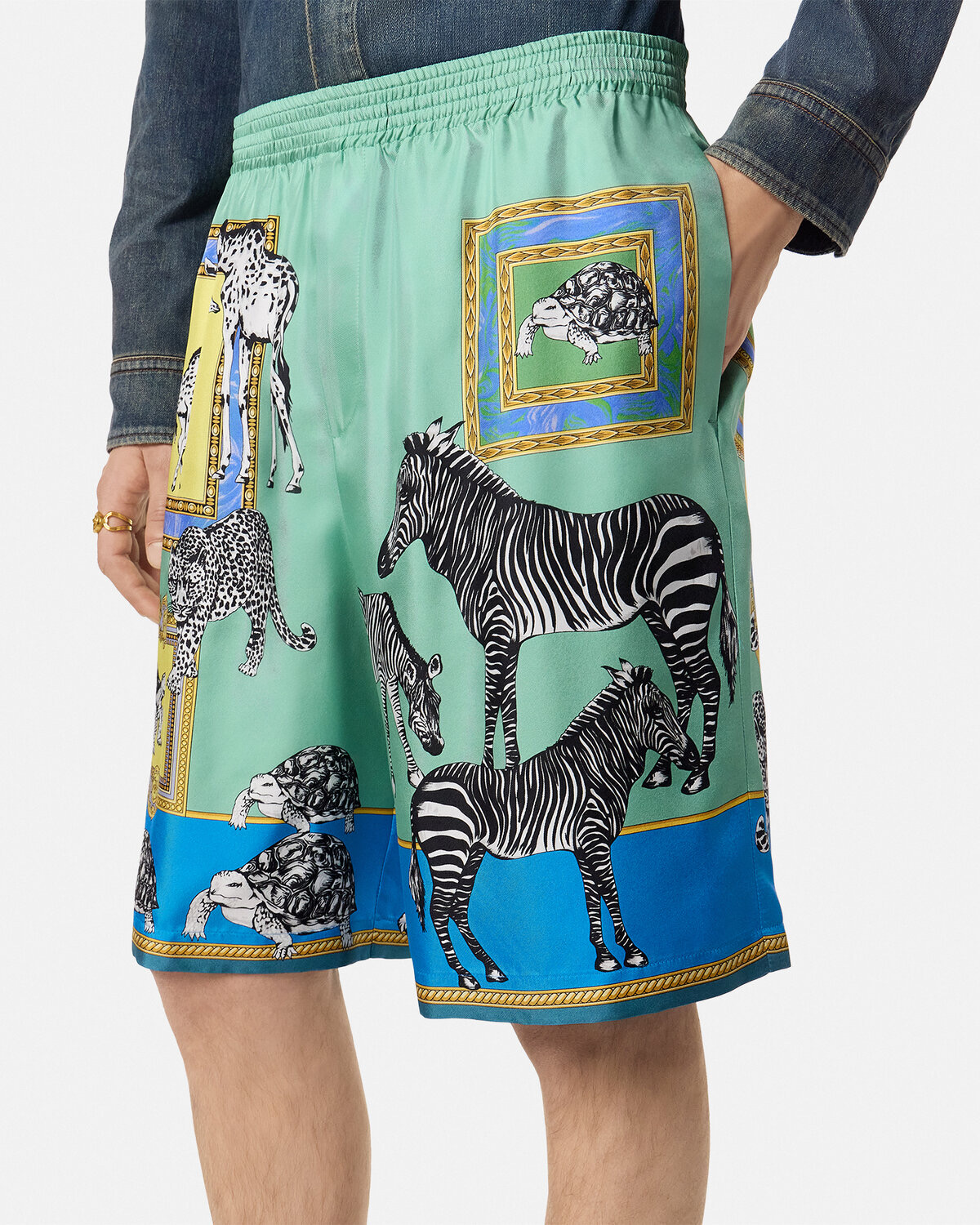 Versace Men's Printed Tech Silk Shorts - Drawstring Waist, Light Blue 3 i1758372707732 9202 0 0