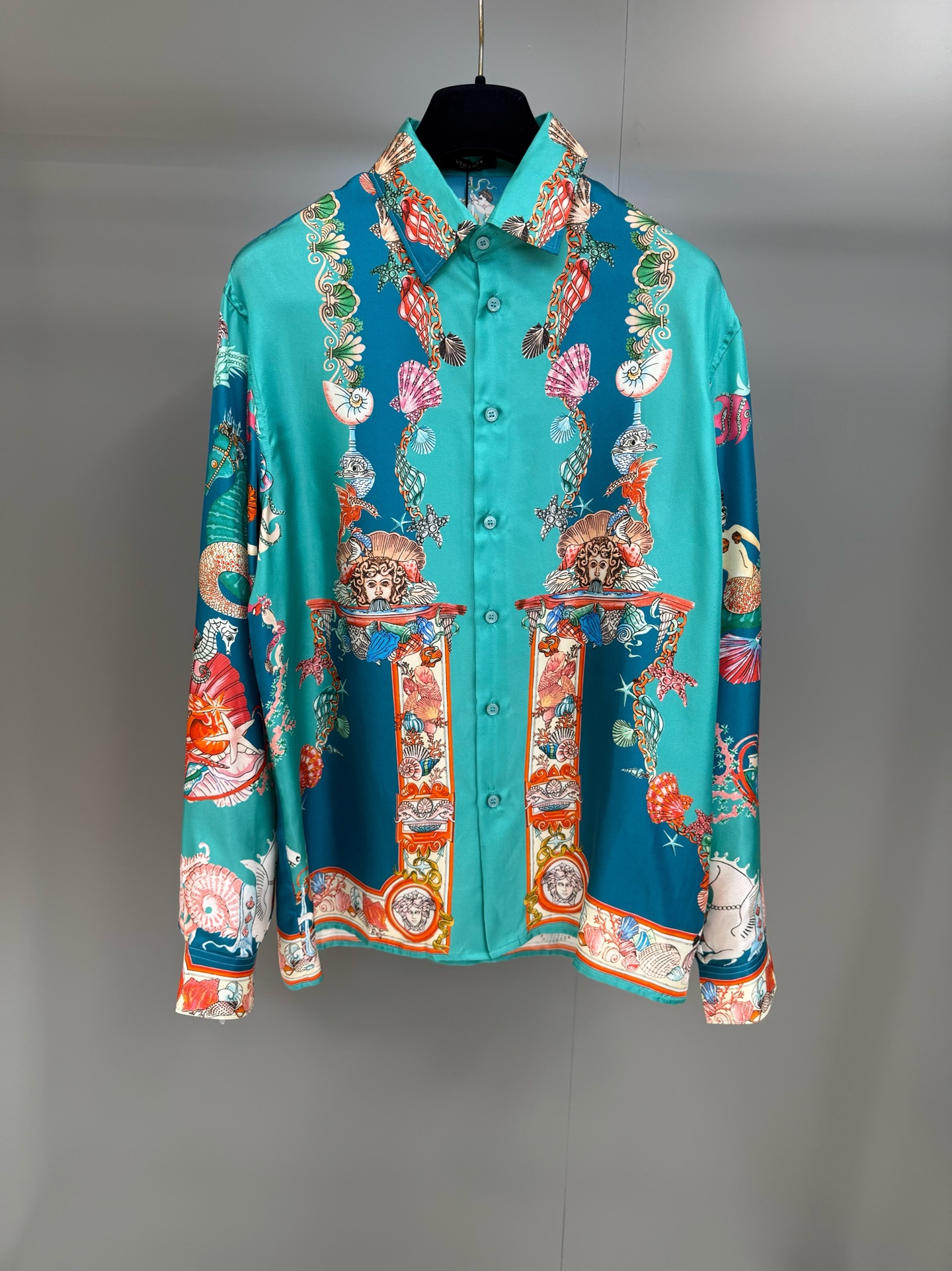 Versace Coral Theatre Print Silk Shirt, Long Sleeve Button-Down, Luxury Fashion